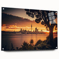 Acrylic print of Auckland skyline in muted blues and grays, suitable for dining room or bedroom decor.