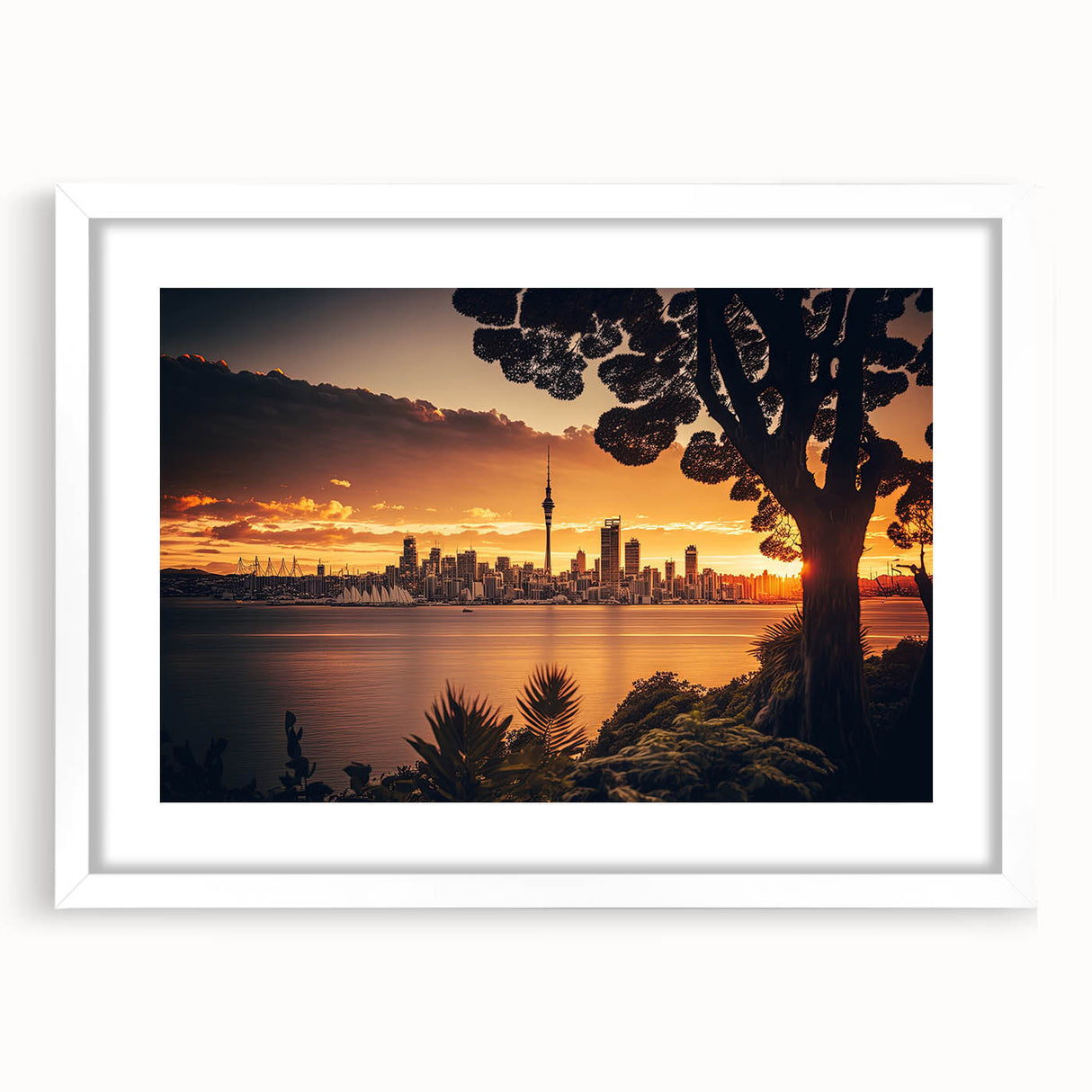 Abstract art print of Auckland's skyline in muted blue and gray tones on a framed white canvas.