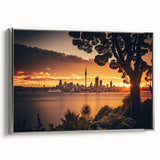 Framed canvas of Auckland landscape with vibrant colors, ideal for adding a colorful touch to a modern living space.