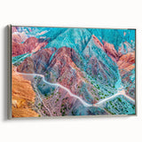 Framed canvas featuring a vintage-style landscape painting of an Argentinian scenery in colorful tones.
