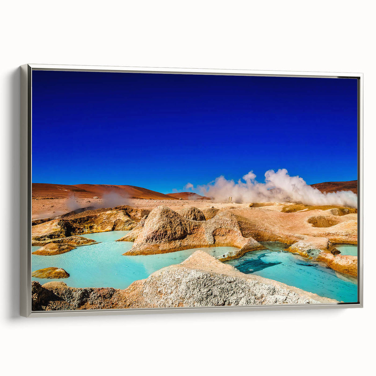 Landscape art painting of a Bolivian scenery on framed canvas, featuring vibrant colors and vintage poster style.