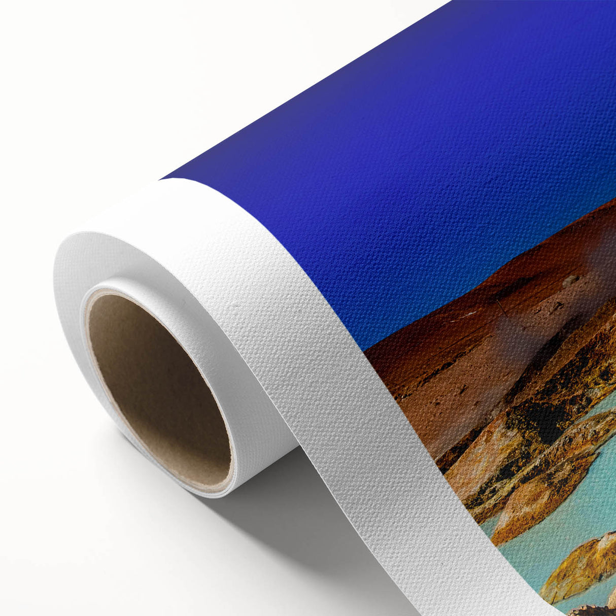 Art deco poster of a Bolivian landscape in muted earth tones on rolled canvas, ideal for nursery wall art.