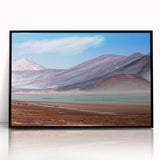 Large abstract wall art depicting a colorful Chilean landscape in mid-century modernist style.