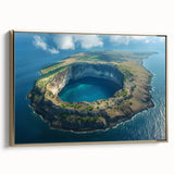 Framed canvas of a vintage-style landscape painting depicting the Galapagos Islands, with muted earth tones.