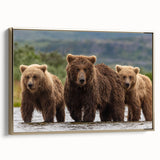 Framed canvas featuring a vintage-style landscape painting of an Alaskan scenery in muted gold and black tones.