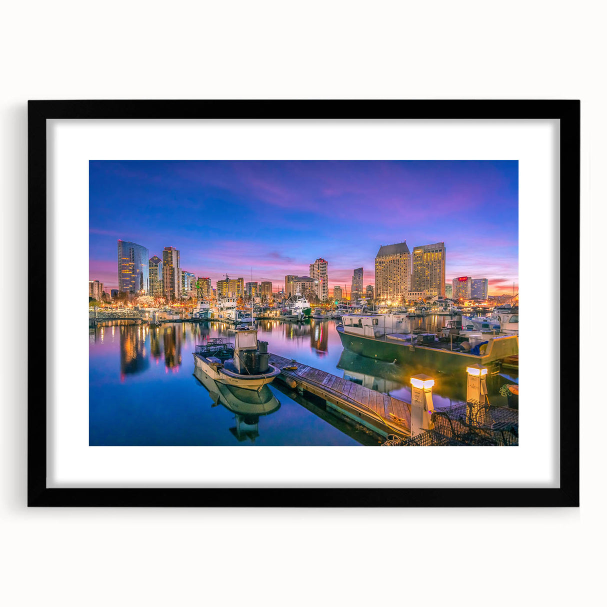 Abstract art print featuring a colorful, textured San Diego scenery on a large canvas, framed in black.