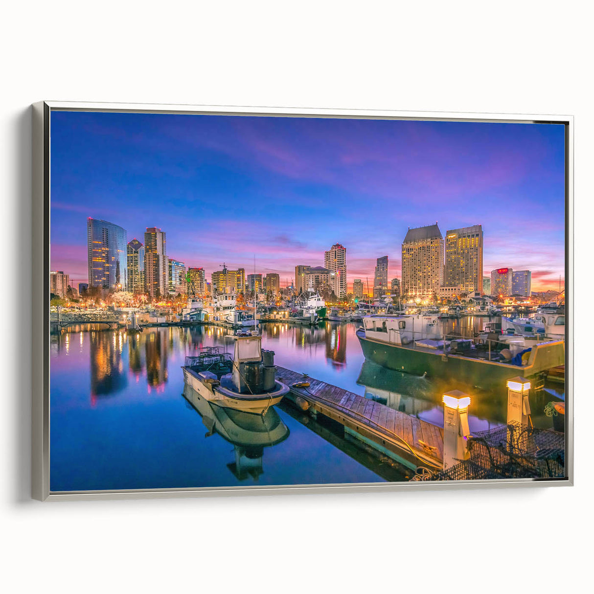 Framed canvas featuring a vintage-style landscape art painting of San Diego, with colorful art elements and black borders.