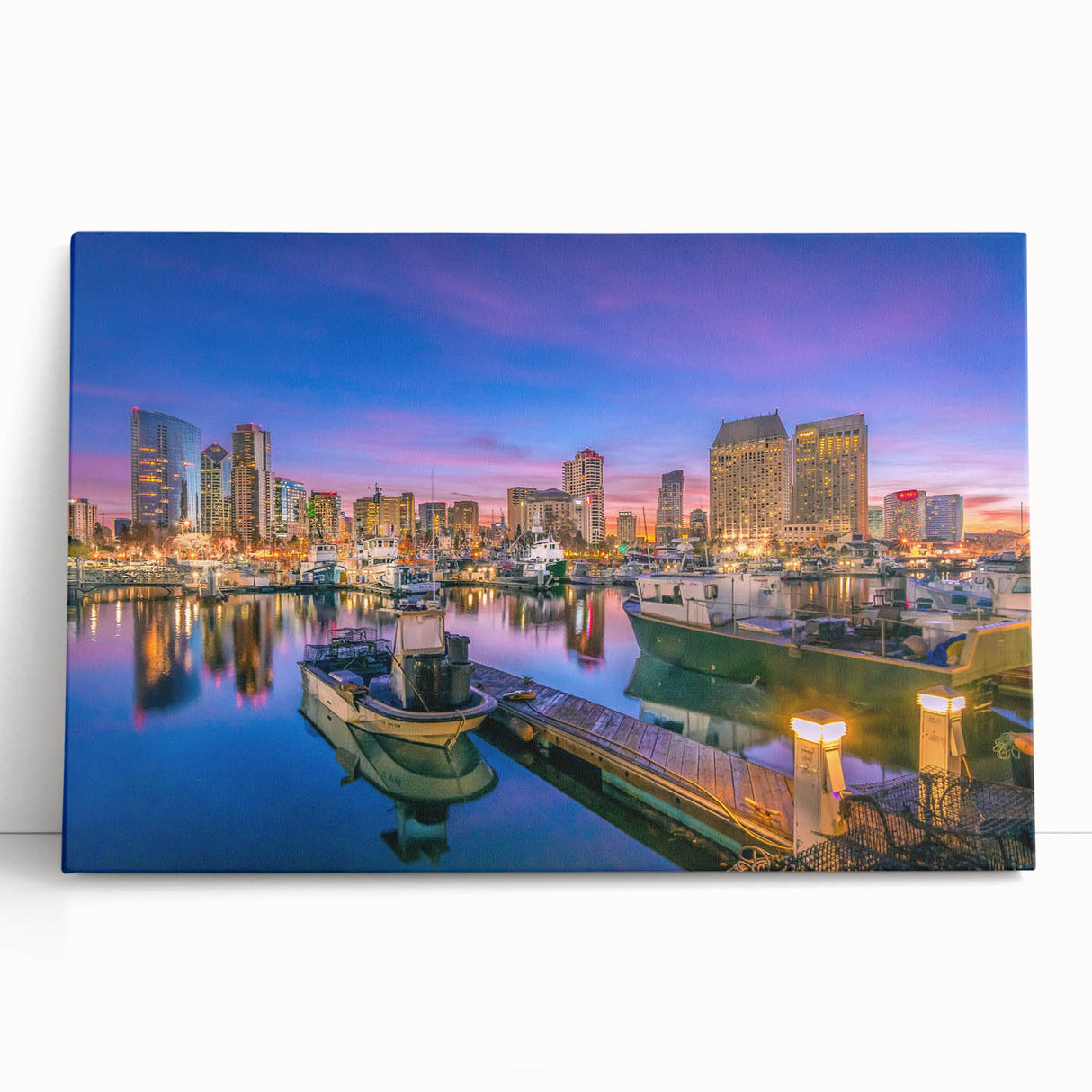 Black and white photo of San Diego skyline on large stretched canvas, ideal for kitchen wall art.