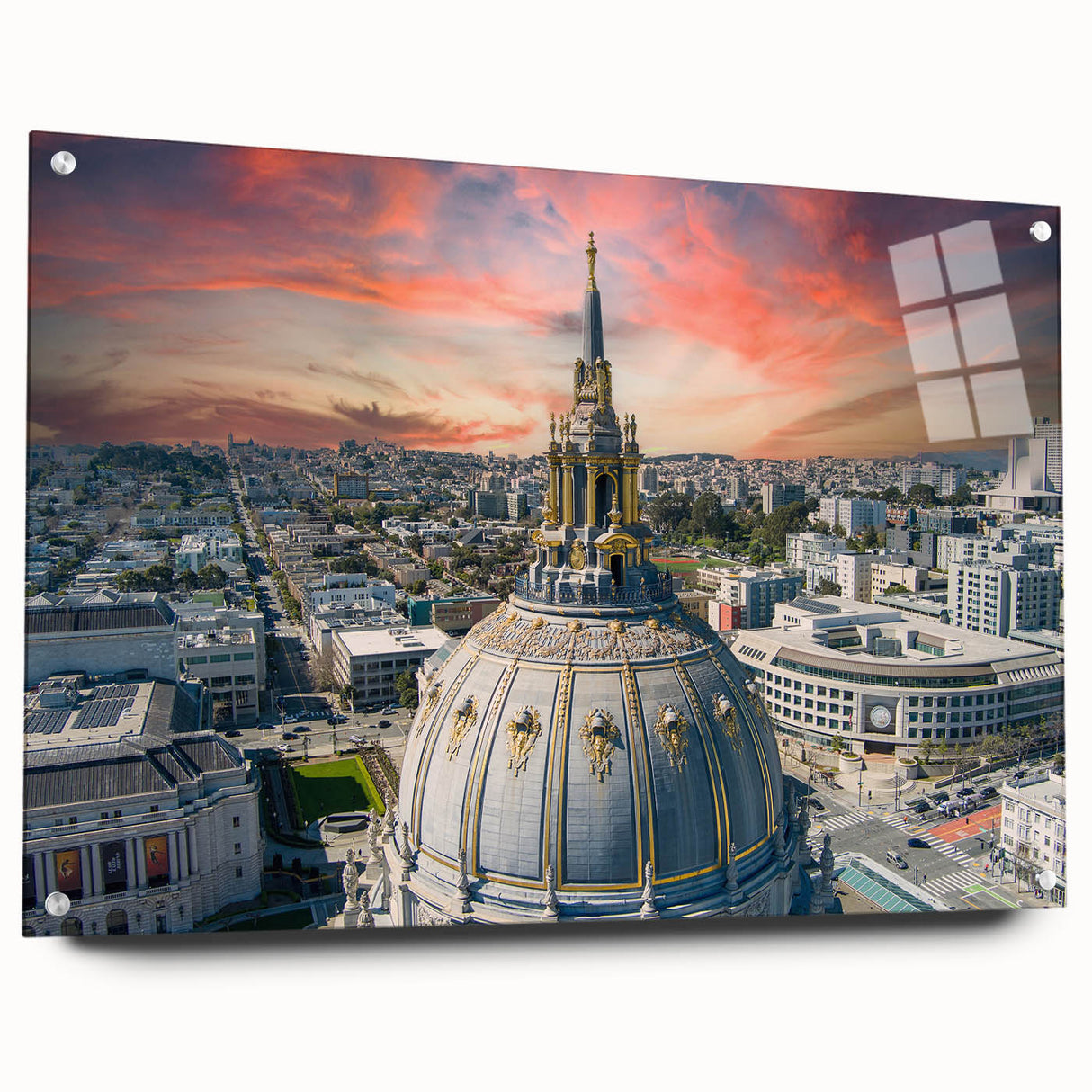 Acrylic print of the San Francisco skyline in muted blue and gray tones, suitable for bedroom or dining room decor.