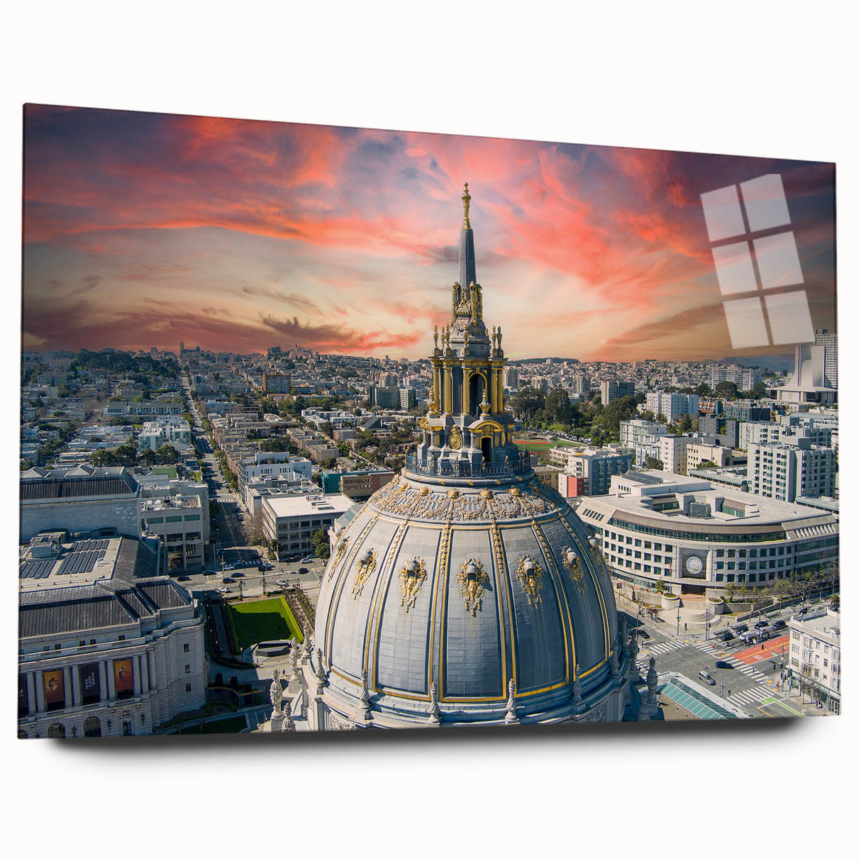 Acrylic print of a large abstract depiction of San Francisco, featuring vibrant blues and oranges.
