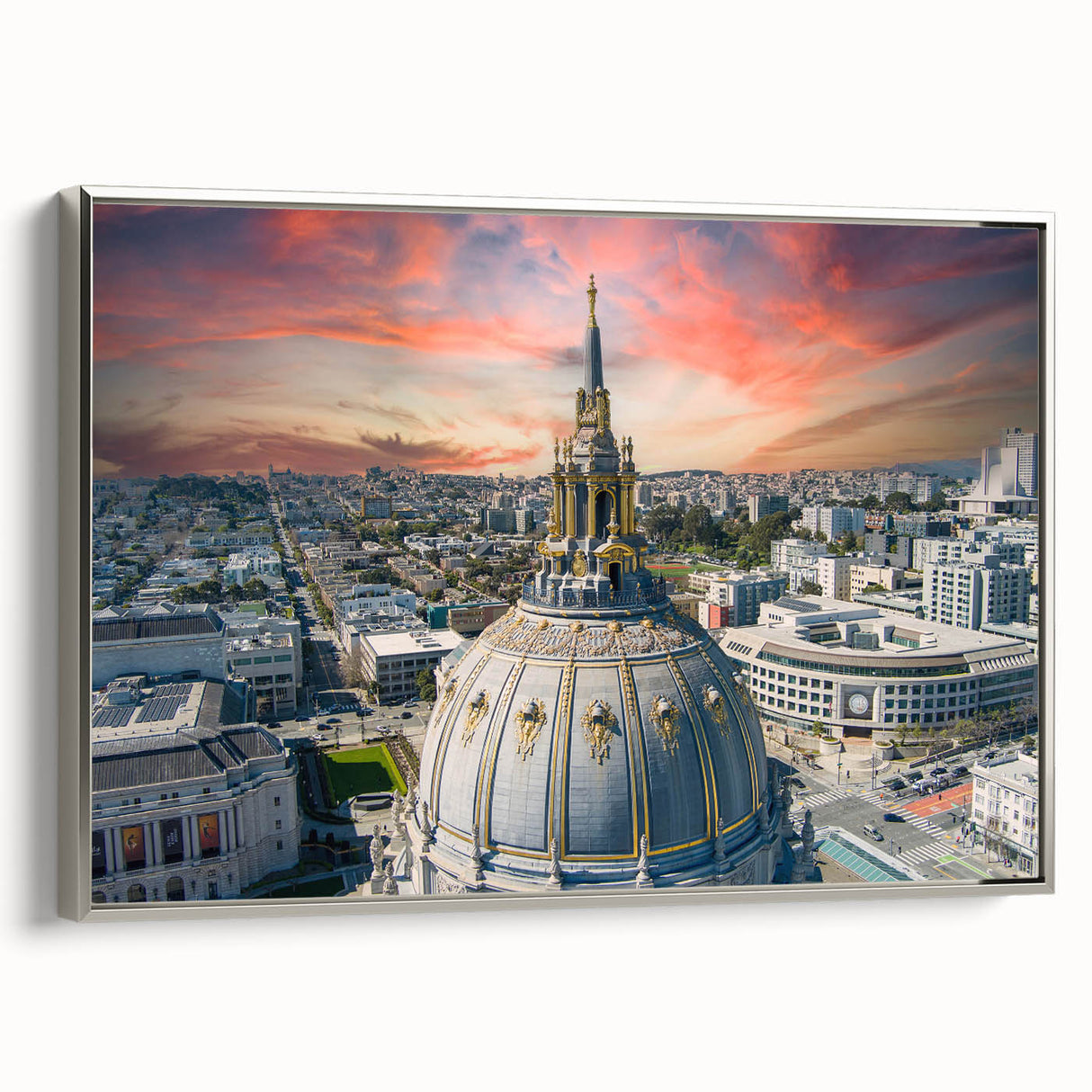 Framed canvas featuring a vintage-style landscape painting of San Francisco in colorful hues, ideal for living room decor.