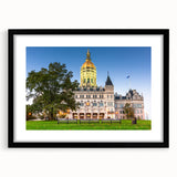 Abstract art print featuring a colorful, textured depiction of a Connecticut landscape on a large framed canvas.