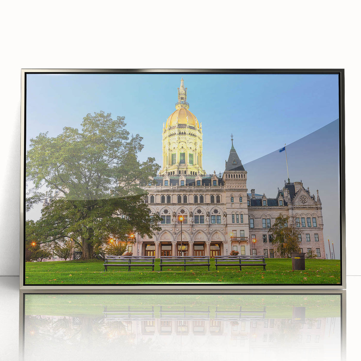 Mid-century modernist art depicting Connecticut scenery in muted earth tones on a framed acrylic print.