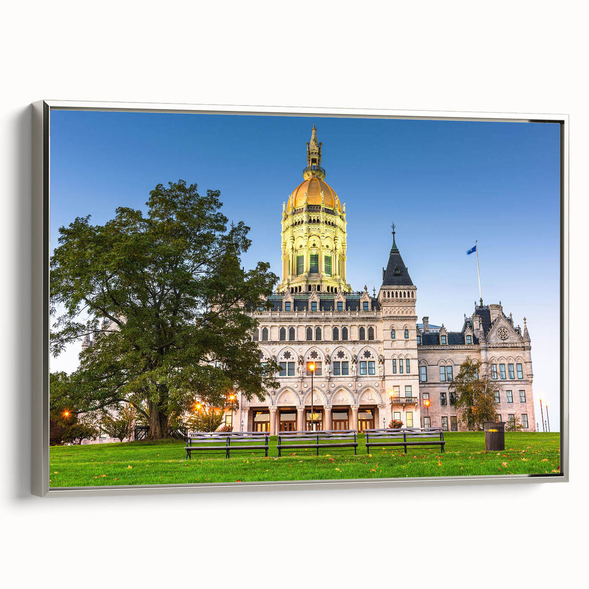 Landscape art painting of a Connecticut scenery on a silver-framed canvas, featuring vibrant colors and black accents.