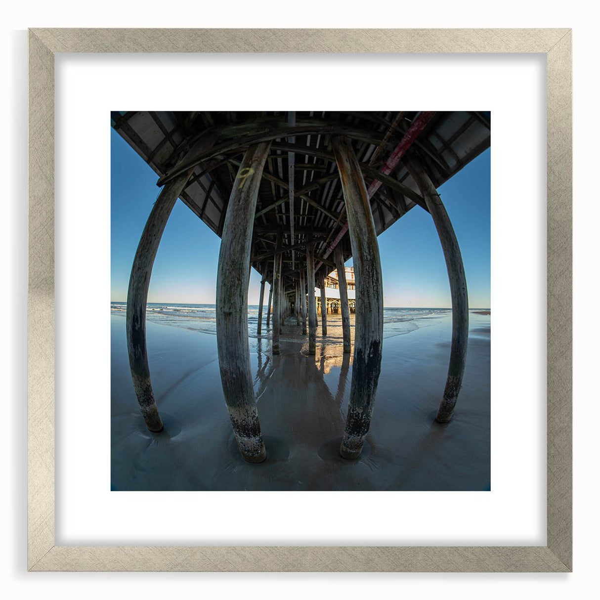 Textured abstract art print depicting Daytona scenery in muted gray and blue tones, framed in silver, ideal for bedroom art.