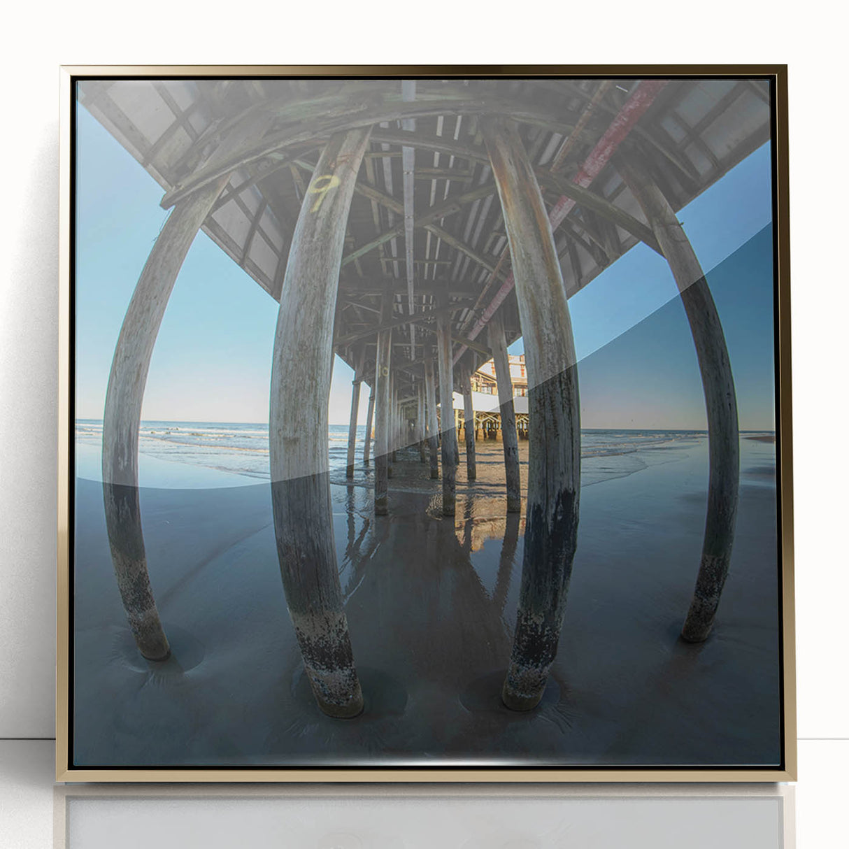 Mid-century modernist Daytona scenery on gold-framed acrylic, featuring vibrant blue and green tones.