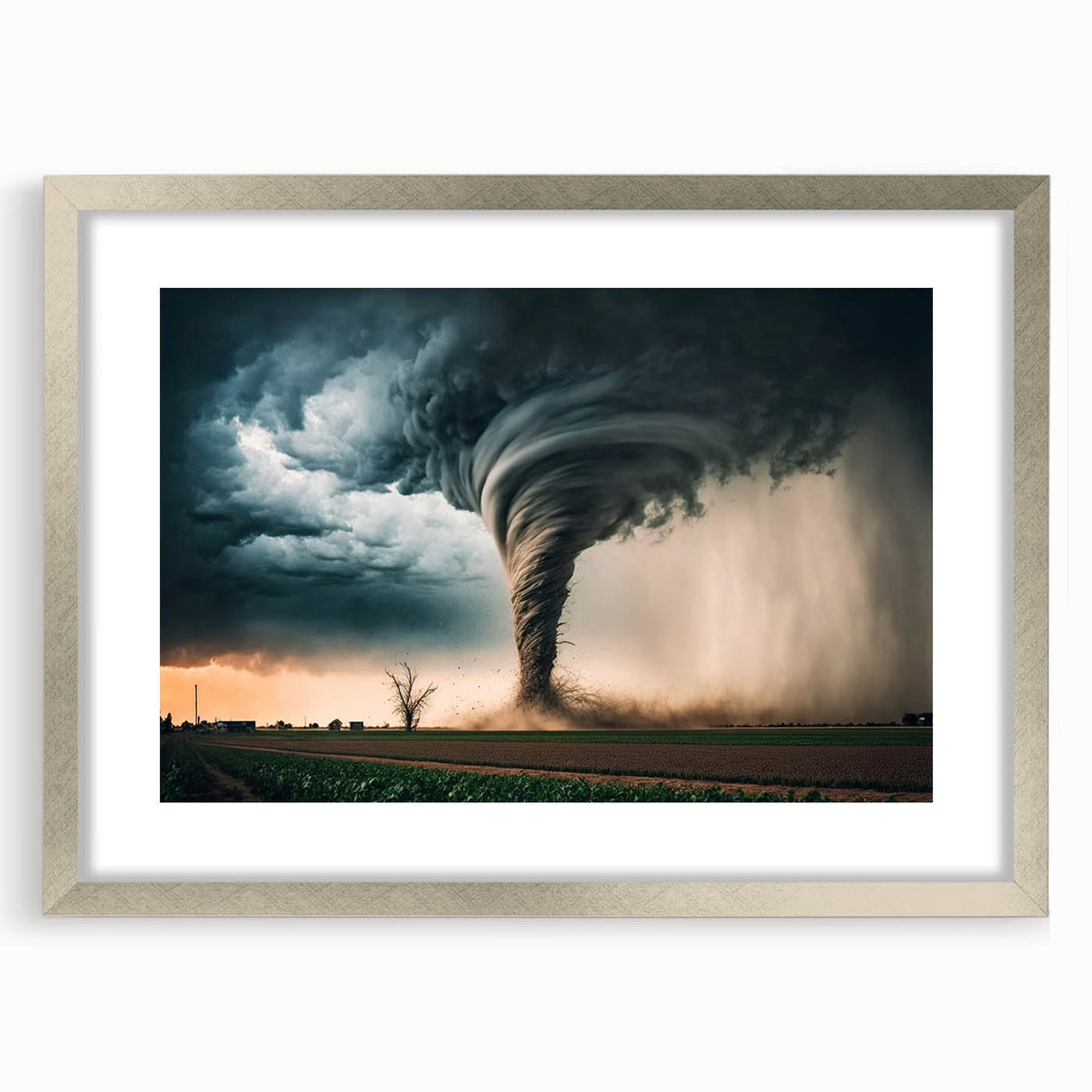 Textured abstract art print of Kansas scenery in muted earth tones, framed in silver, ideal for bedroom wall decor.