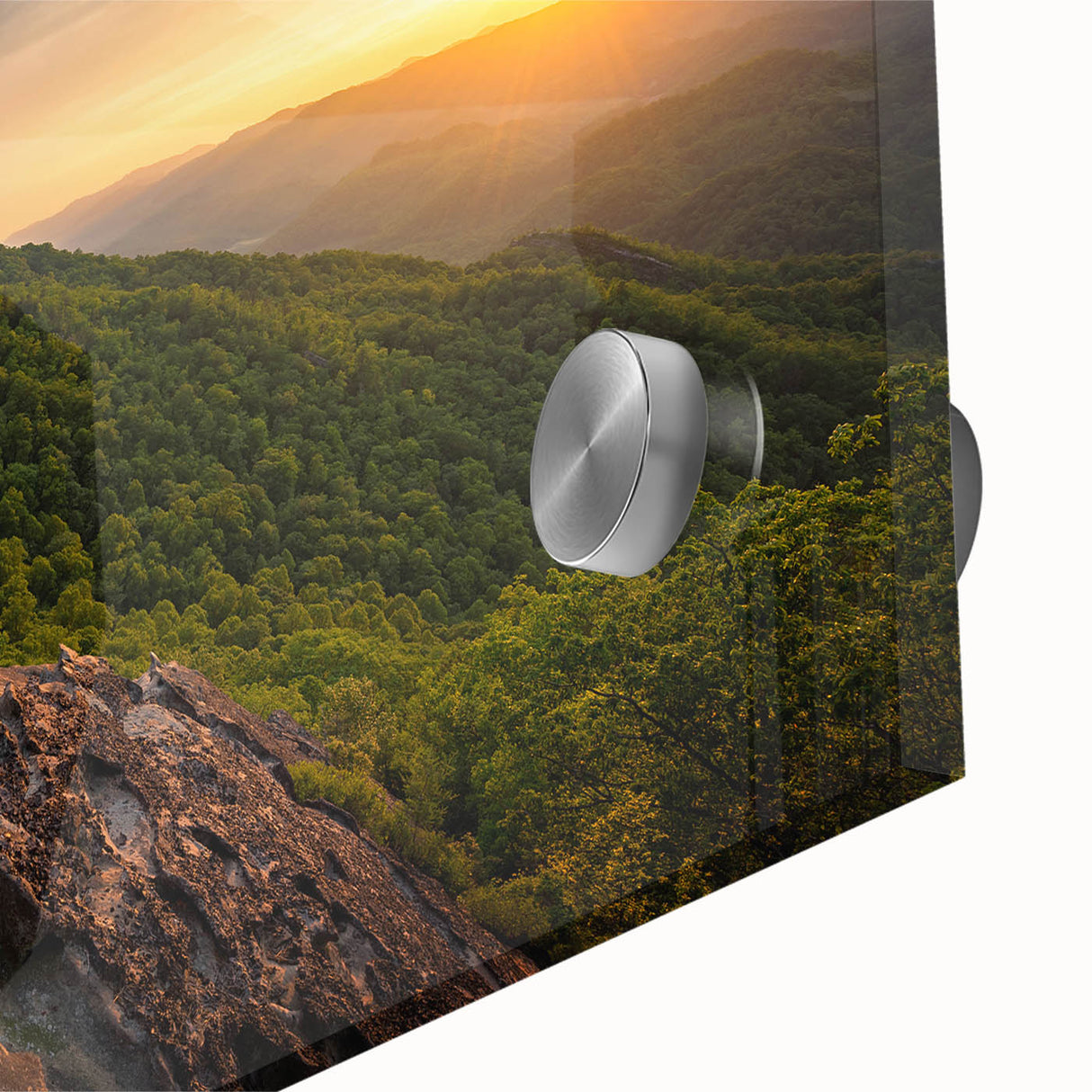 Mid-century modernist abstract landscape in muted earth tones on large acrylic glass, ideal for dining room art.