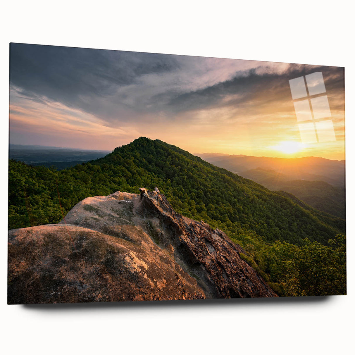 Large abstract wall art depicting a Kentucky landscape in muted earth tones on acrylic glass.