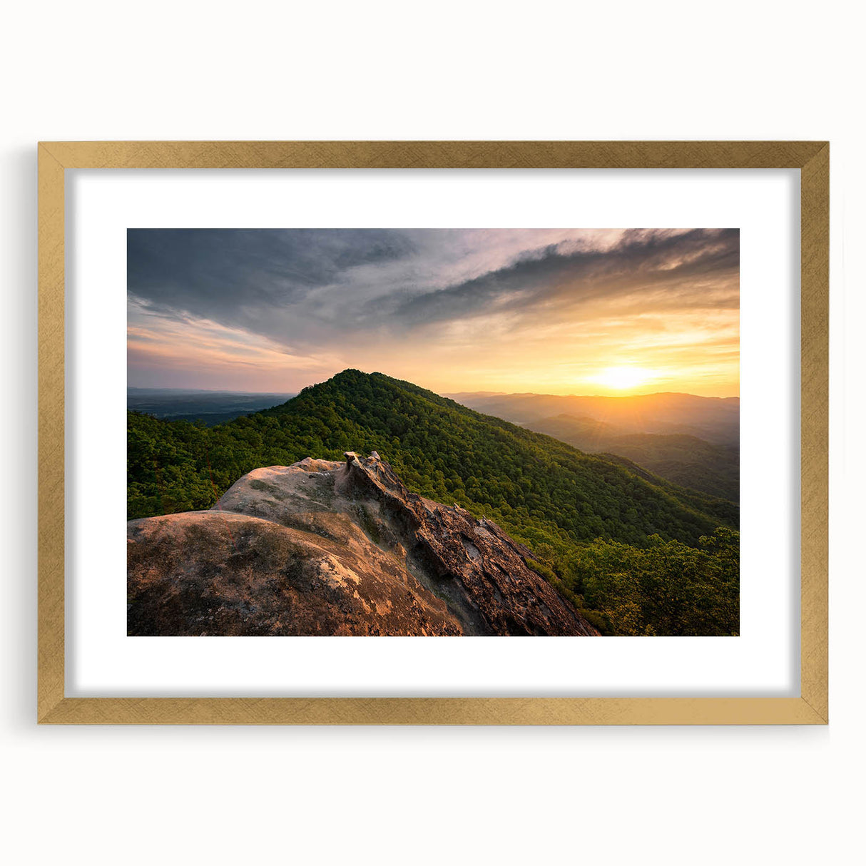 Extra large abstract art print of Kentucky scenery in textured gold frame, suited for living room decor.