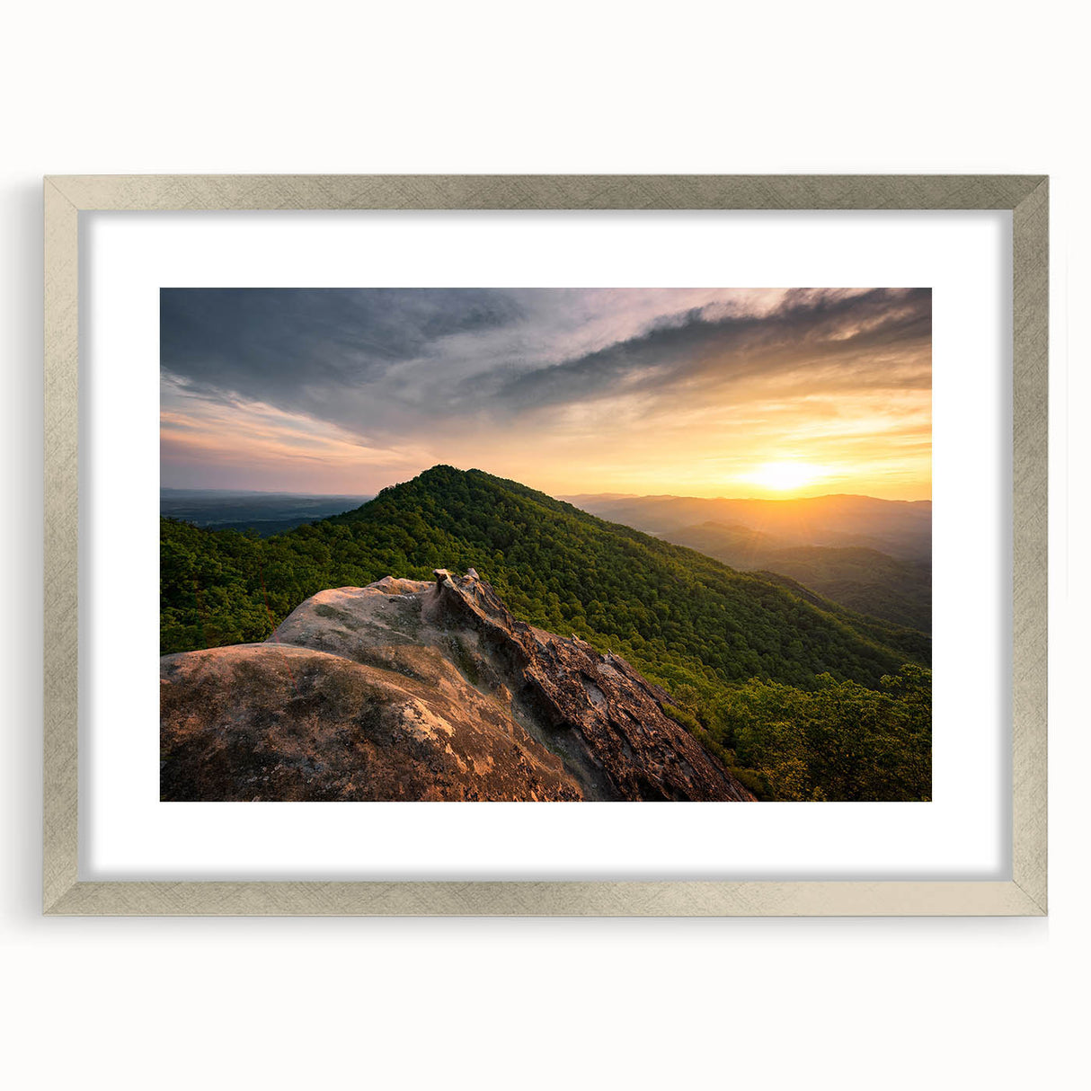 Textured abstract art print of Kentucky scenery in muted earth tones, framed in silver, ideal for bedroom wall decor.