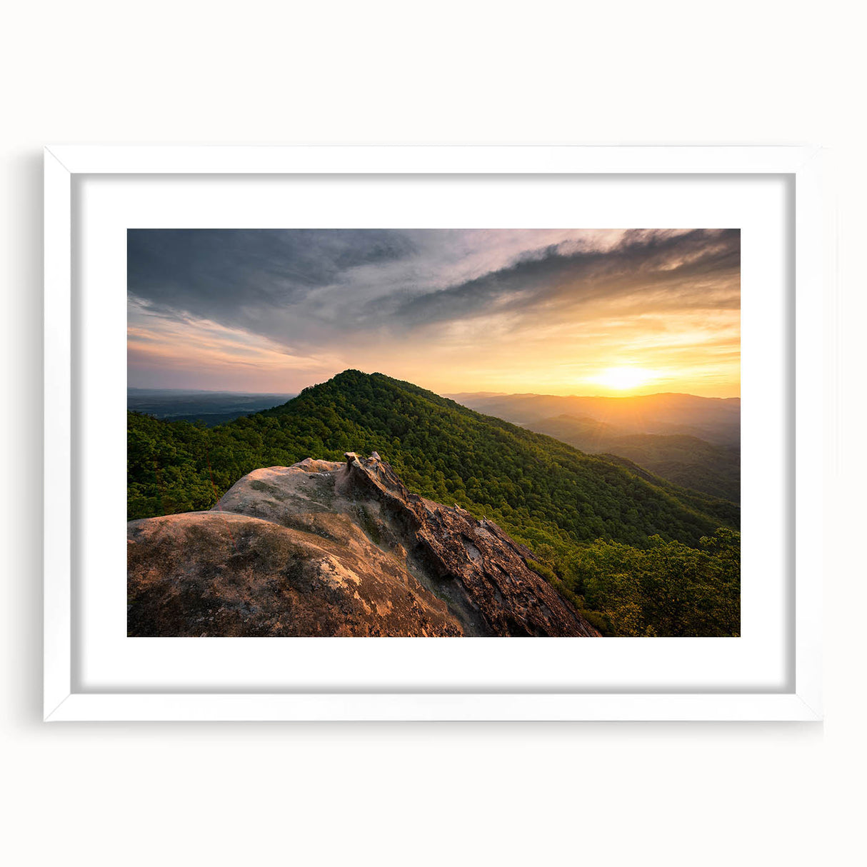 Abstract art print depicting rolling Kentucky landscapes in muted earth tones, framed with a white mat.