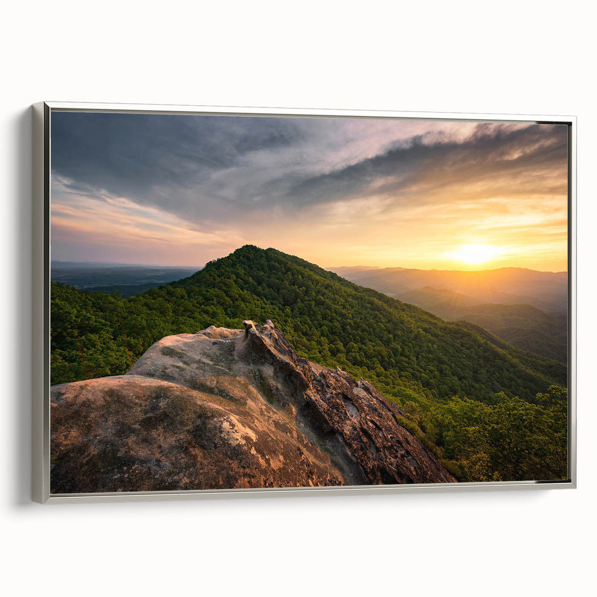 Landscape art painting of Kentucky scenery on a framed canvas, featuring muted greens and blues, ideal for living room decor.