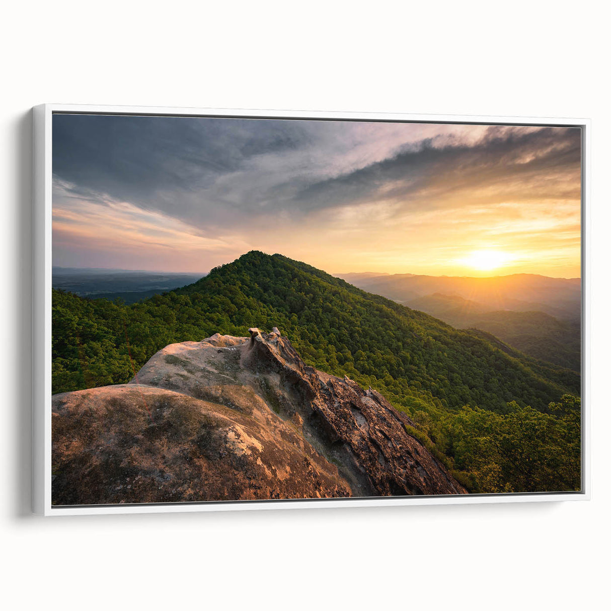 Vintage poster art of Kentucky scenery on extra large framed canvas, featuring colorful art in a black frame.