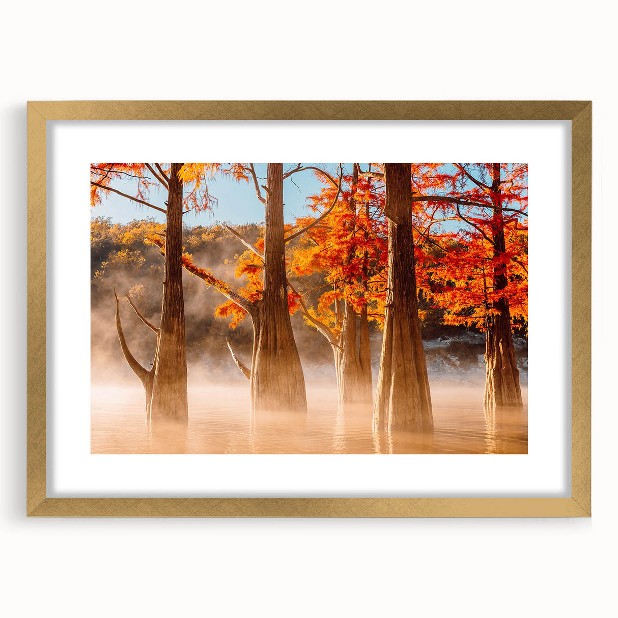 Abstract art print of Louisiana scenery in gold frame, featuring textured layers in earth tones.