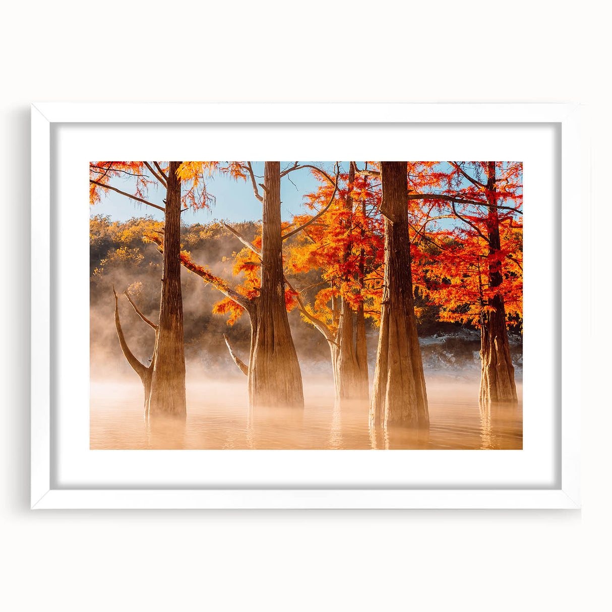 Abstract art print depicting a vibrant Louisiana landscape in a white frame, ideal for dining room decor.
