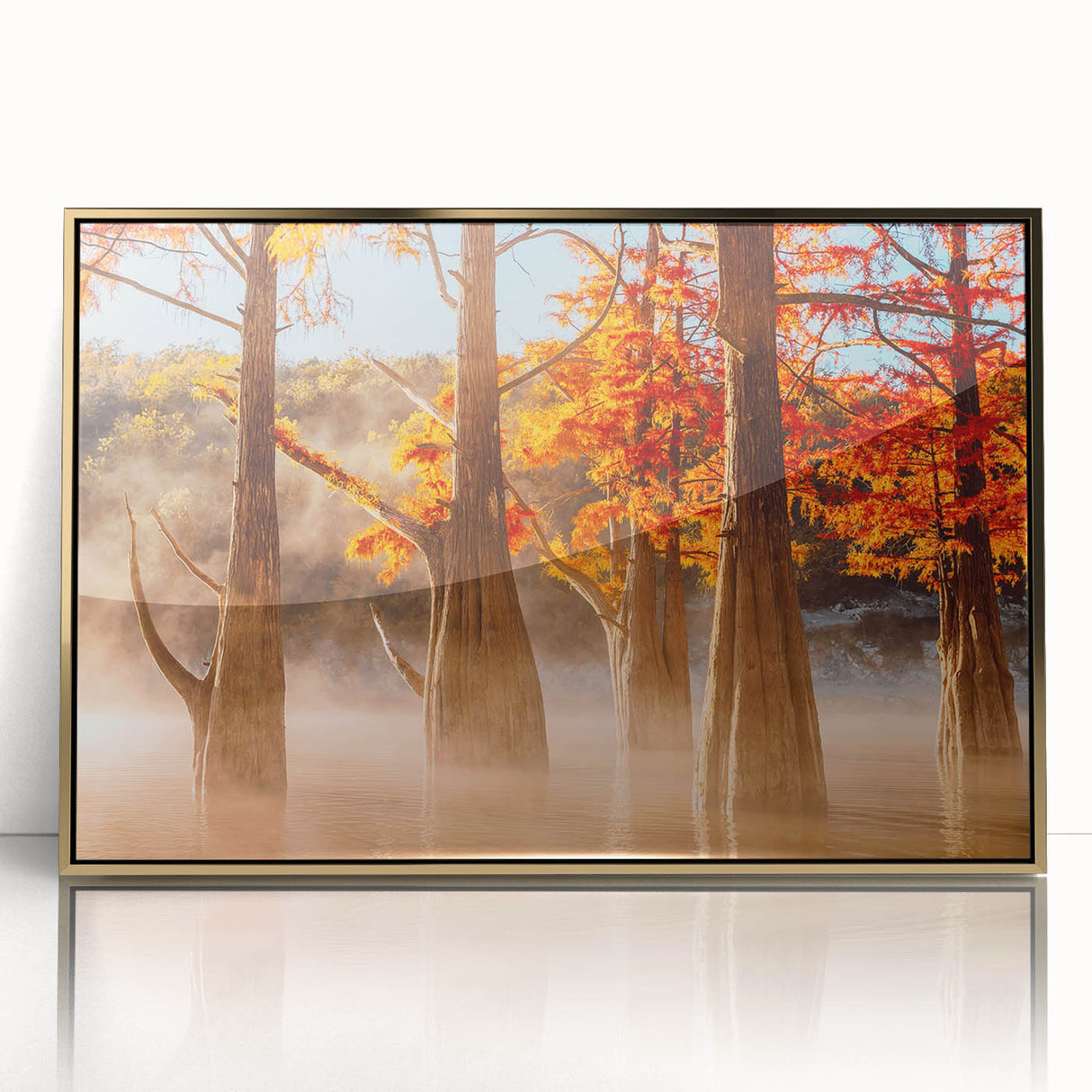 Mid-century modernist Louisiana landscape on gold-framed acrylic, featuring soft pastel colors, ideal for nursery wall art.