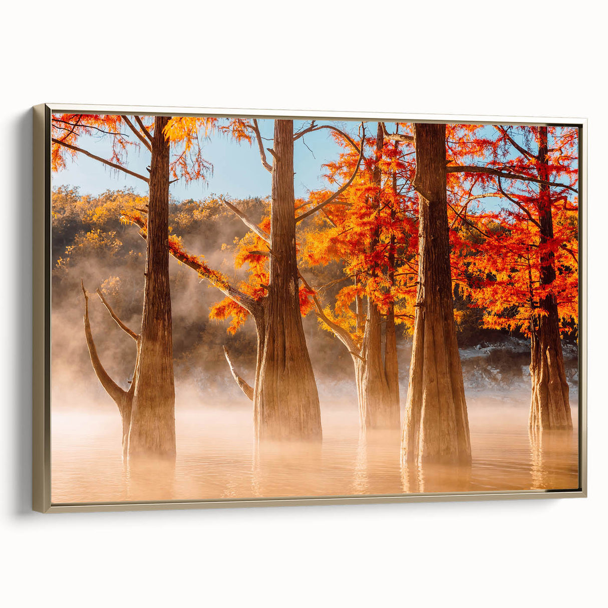 Framed canvas featuring a vintage-style Louisiana landscape in muted gold and black tones, suitable for bedroom decor.
