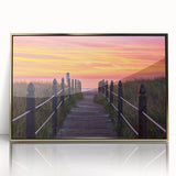 Mid-century modernist acrylic print of a Maine landscape in muted earth tones, framed in gold.