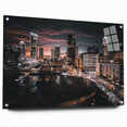 Acrylic print of Charlotte, North Carolina skyline in muted blue and gray tones, suitable for bedroom or dining room decor.