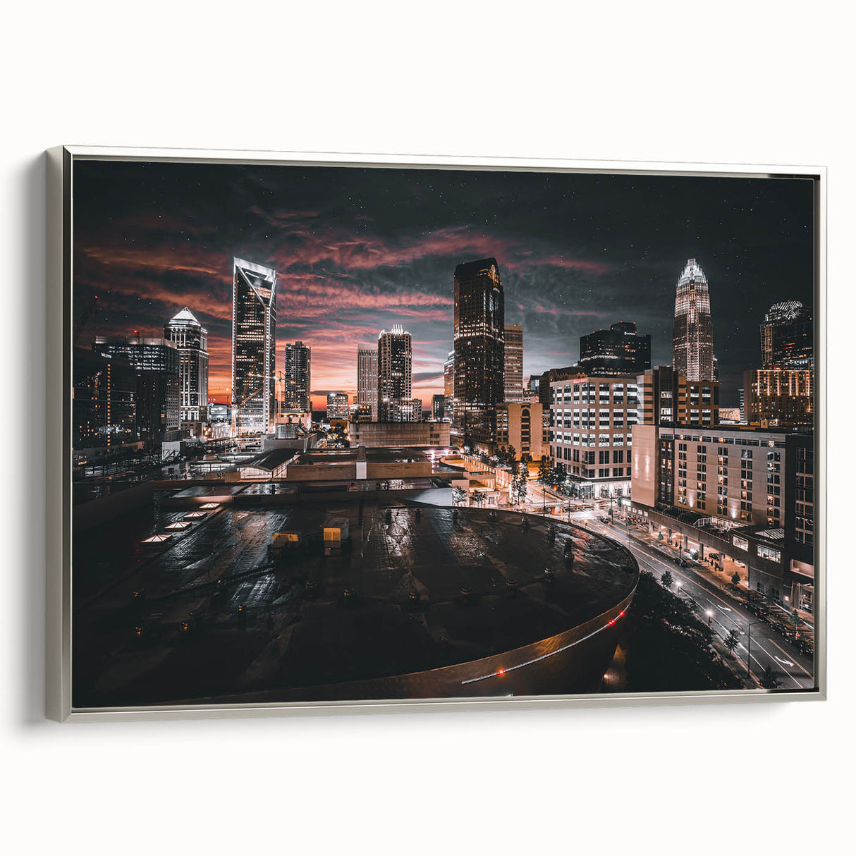 Framed canvas of a vintage Charlotte, North Carolina landscape in colorful art style, ideal for modern living room decor.