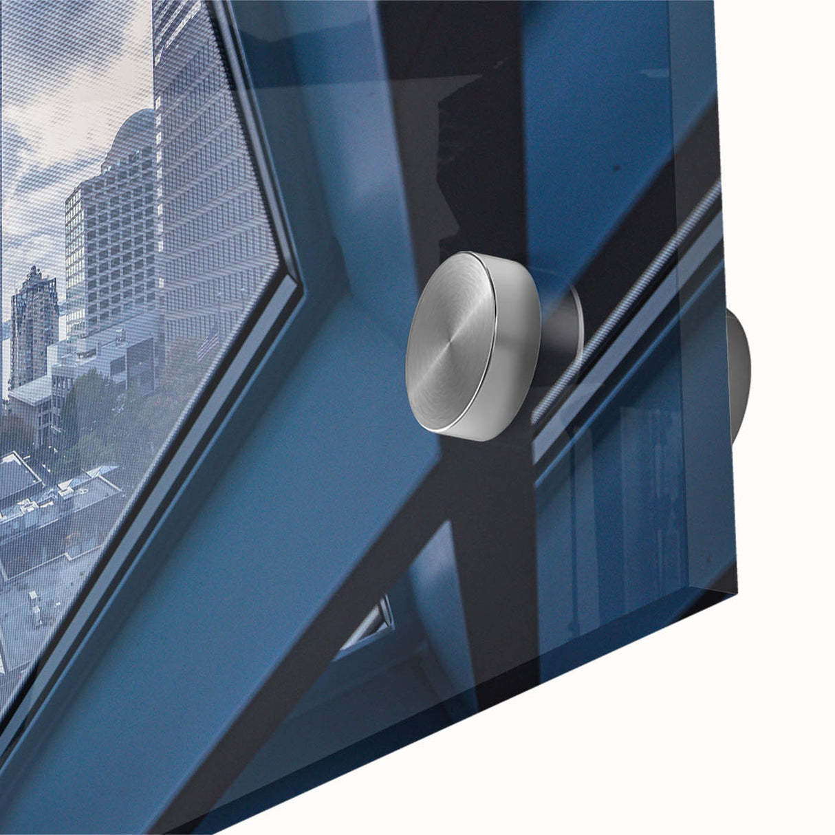 Large abstract depiction of Seattle skyline in muted blue and green on acrylic glass, suitable for dining room art.