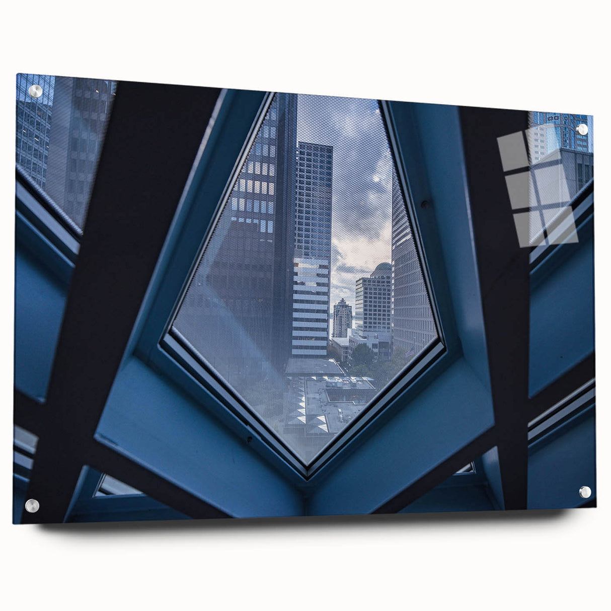 Acrylic print of Seattle skyline in muted gray and blue tones, suitable for bedroom or dining room decor.