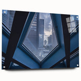 Acrylic print of Seattle skyline in muted gray and blue tones, suitable for bedroom or dining room decor.