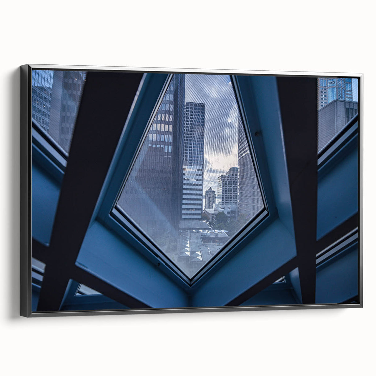 Black and white framed canvas of Seattle skyline, ideal for bedroom wall art.