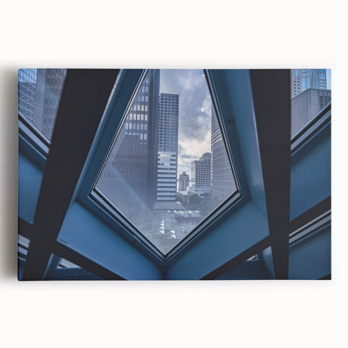 Black and white stretched canvas of Seattle skyline, ideal for kitchen wall art.