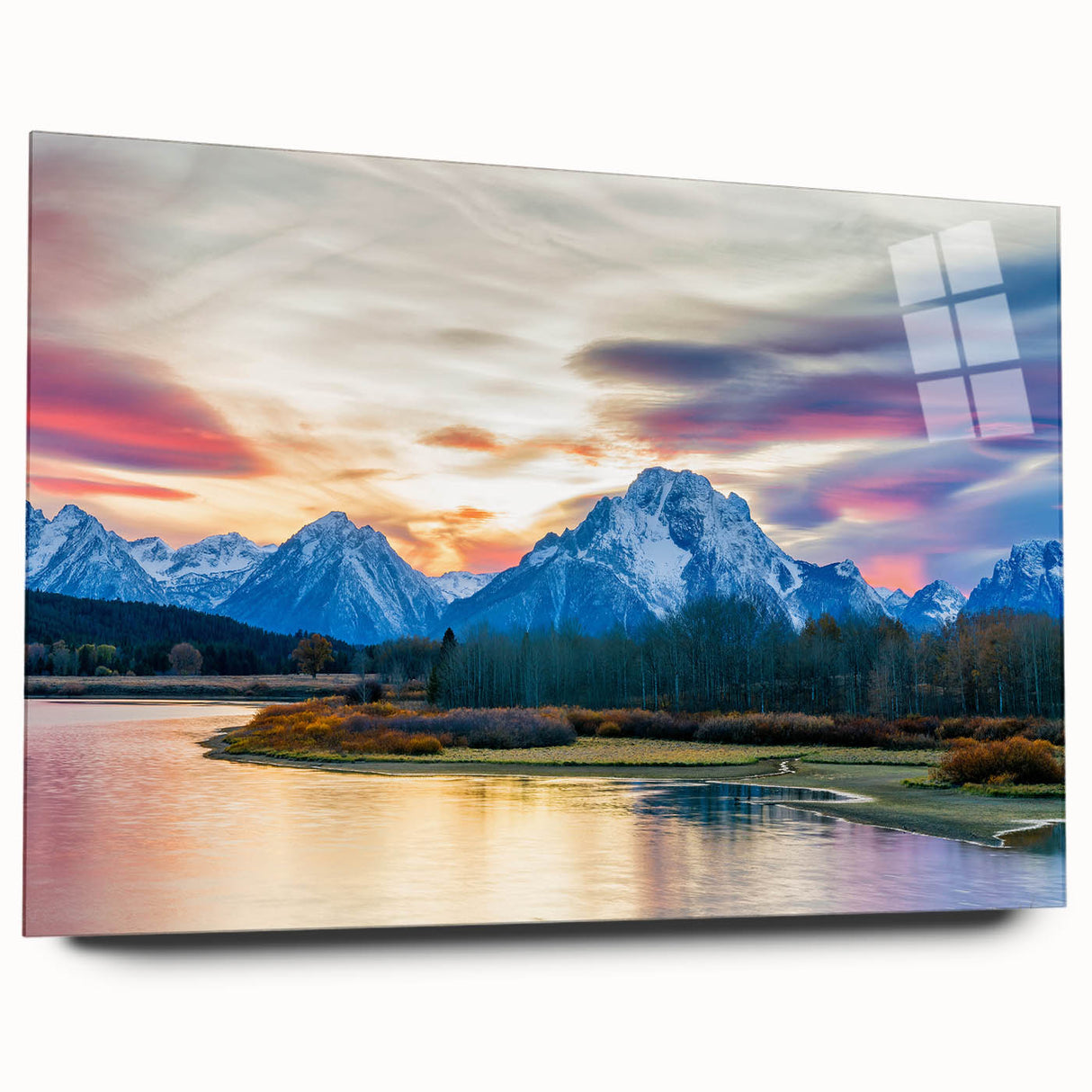 Acrylic print of the Grand Tetons in Wyoming, featuring large abstract shapes in earthy tones.
