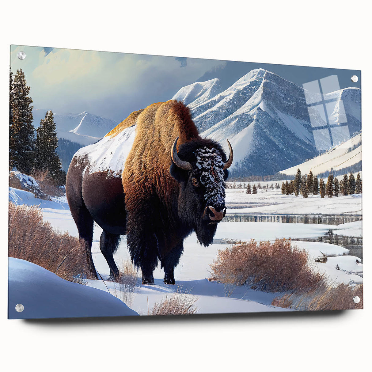 Acrylic print of Yellowstone landscape in natural earth tones, ideal for dining room decor.