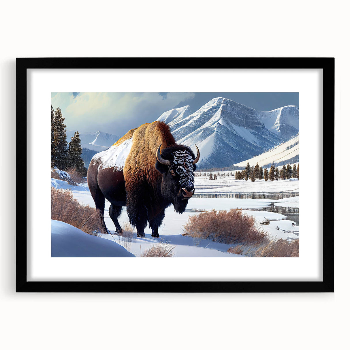 Extra large, textured abstract art print depicting colorful Yellowstone scenery on a black framed canvas.