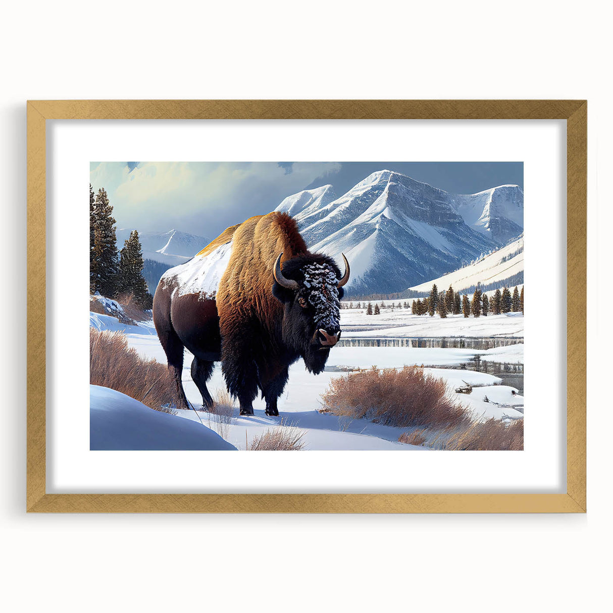 Extra large wall art depicting an abstract representation of Yellowstone with textured gold mat in a frame.