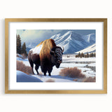 Extra large wall art depicting an abstract representation of Yellowstone with textured gold mat in a frame.