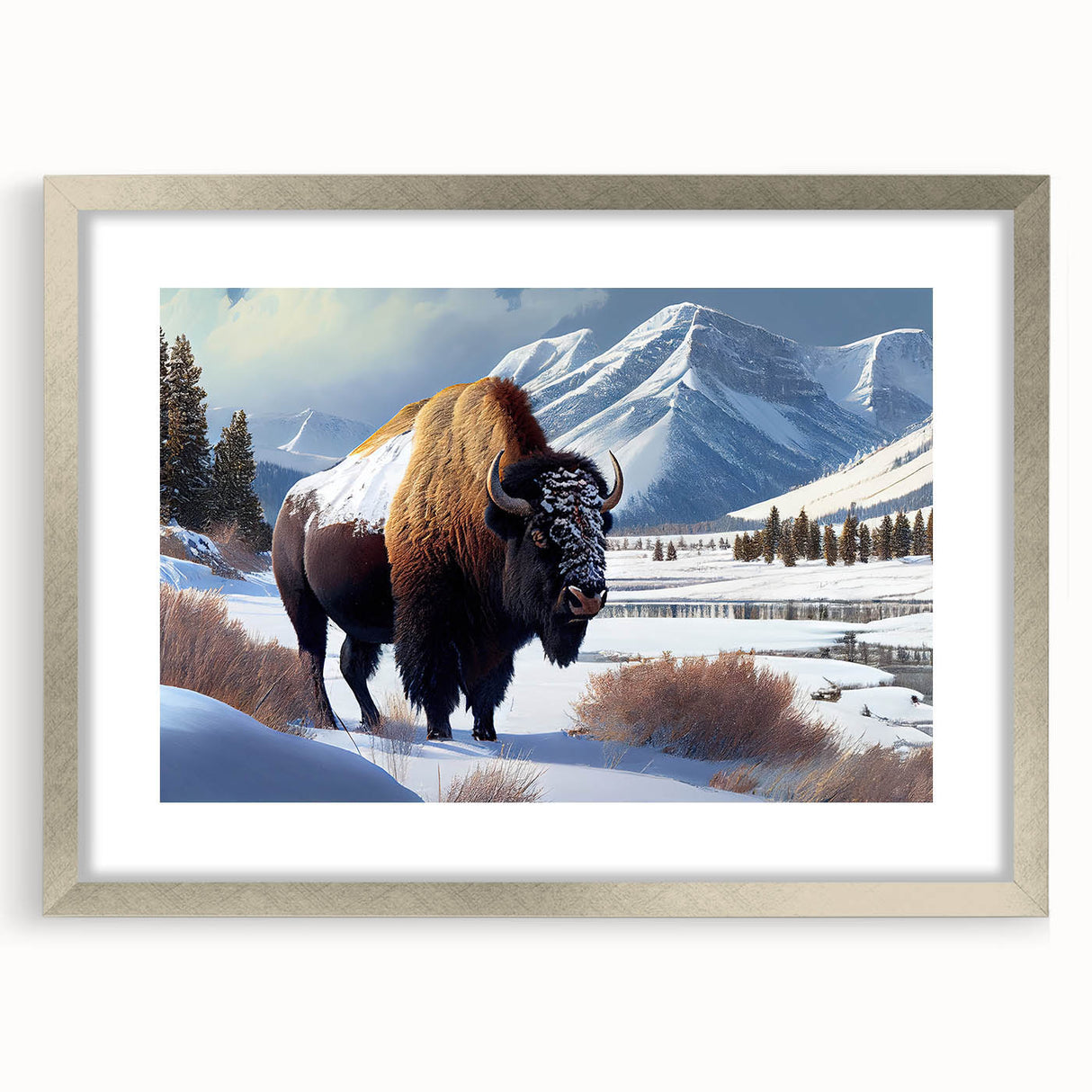 Textured art print of Yellowstone scenery in abstract style, with muted earth tones, framed in silver, ideal for bedroom art.