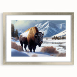 Textured art print of Yellowstone scenery in abstract style, with muted earth tones, framed in silver, ideal for bedroom art.