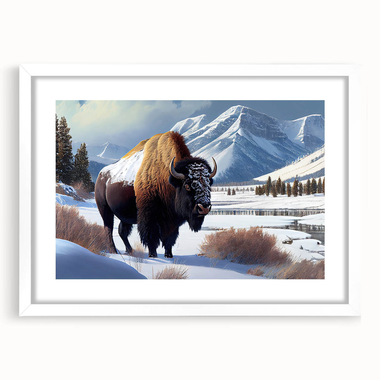 Abstract art print of Yellowstone scenery in muted earth tones on a white-framed mat, ideal for dining room decor.