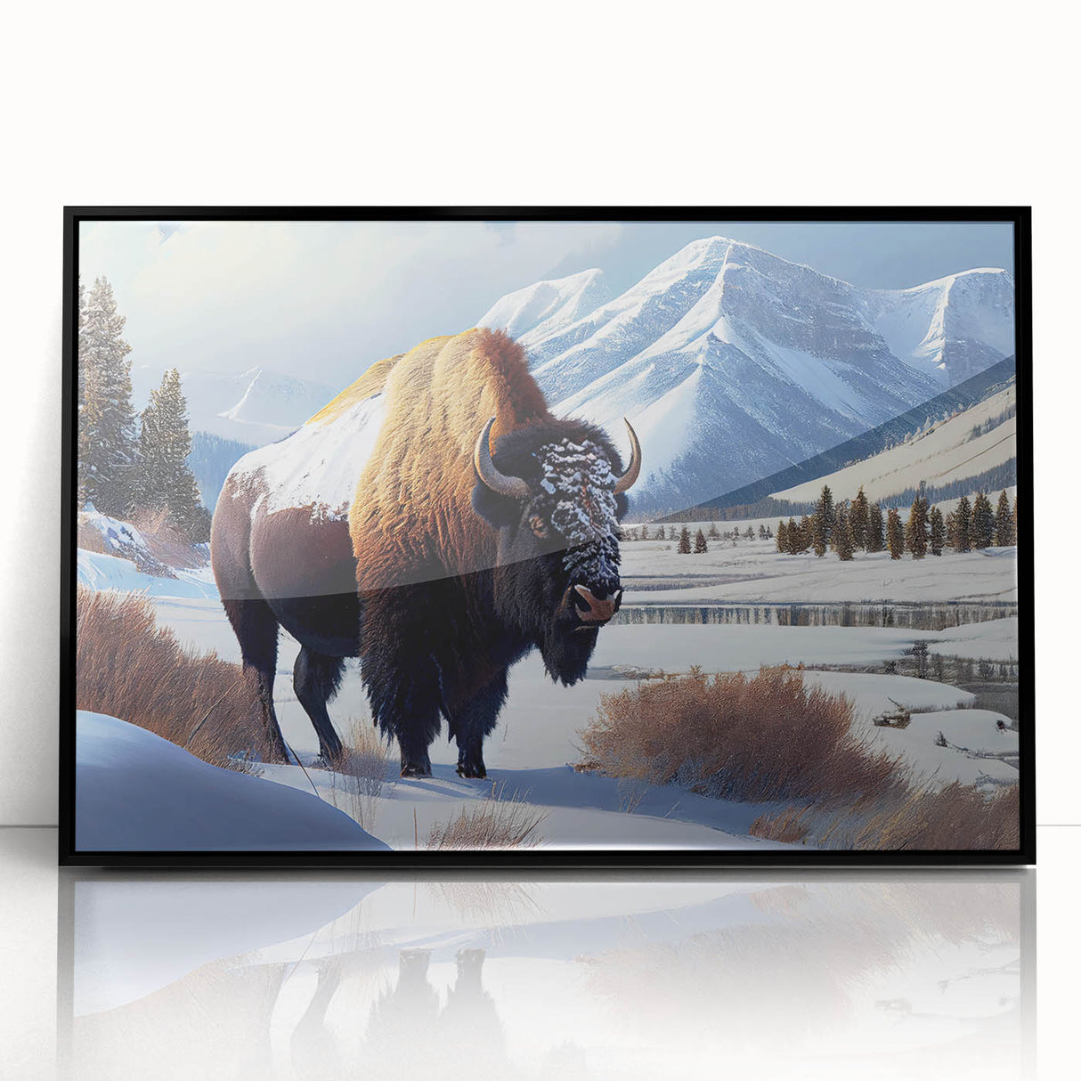 Large abstract wall art depicting Yellowstone scenery in mid-century modernist style, framed in black acrylic.
