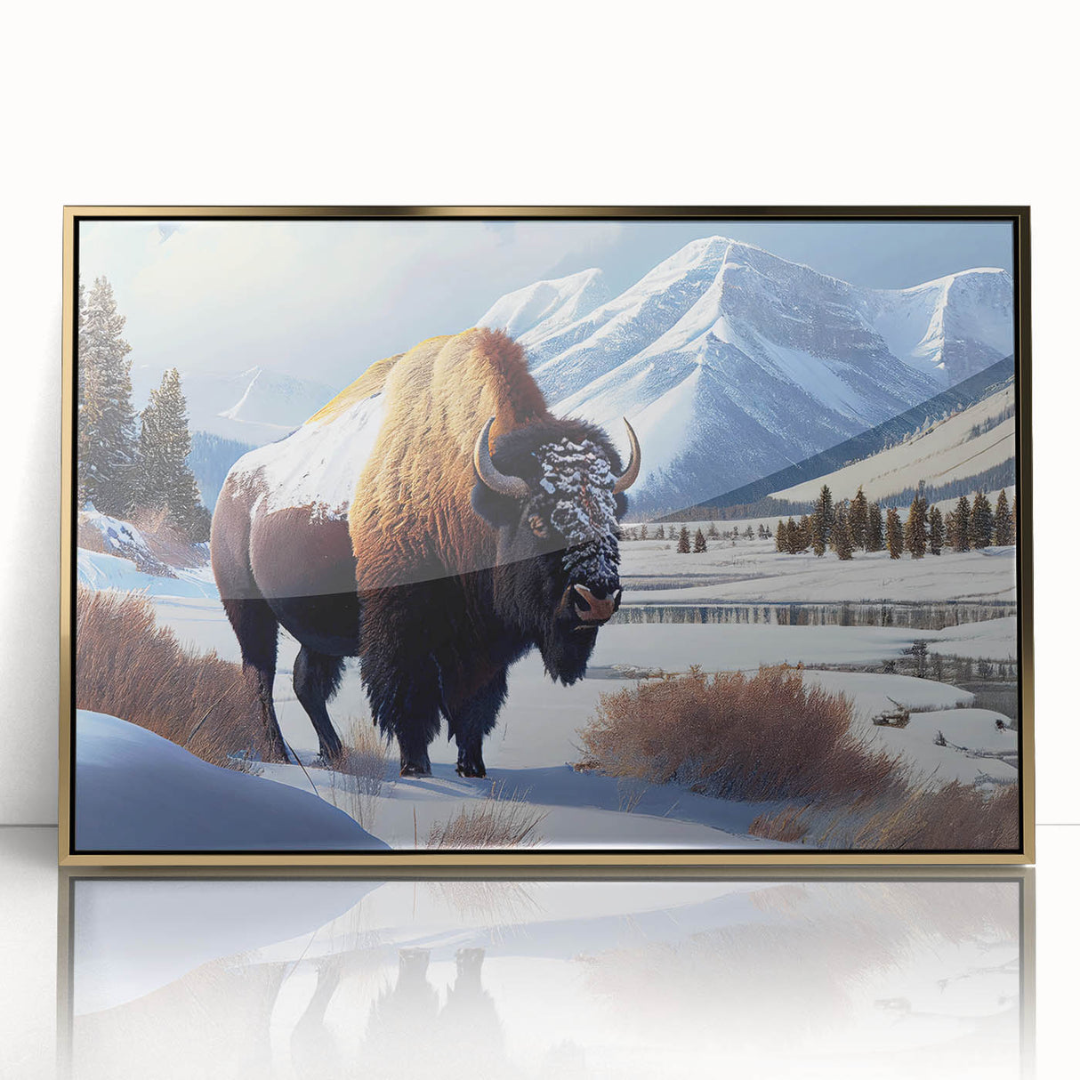 Large art print of Yellowstone scenery in gold tones on framed acrylic, mid-century modernist style.